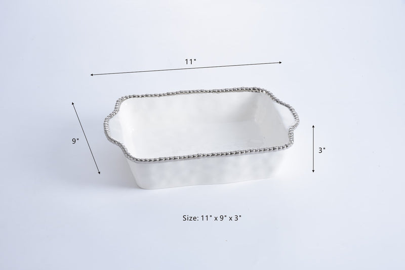 Porcelain White with Silver Pearls Baking Dish