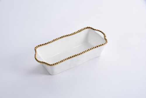 Ceramic White Loaf Dish With Gold Pearls