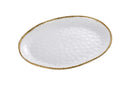 White porcelain oval serving platter with a gold beaded rim displayed on a white background.
