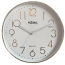 A modern round wall clock with a white face, gold-accented numerals, and a slim metallic rim. The clock features bold, minimalist hands and the brand name 'HOME' printed at the center, with 'QUARTZ' written below.