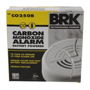 BRK CO250B battery-powered carbon monoxide alarm in its packaging, highlighting its 10-year sensor and alarm life, and hinged cover.