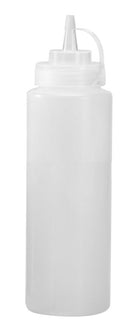 Clear plastic squeeze bottle with white twist-top cap, empty, on white background