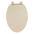 Bone-colored elongated plastic toilet seat with color-matched slow-close hinges displayed on a white background.