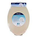 Bone-colored elongated plastic toilet seat with color-matched slow-close hinges displayed on a white background.