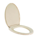 Bone-colored elongated plastic toilet seat with color-matched slow-close hinges displayed on a white background.