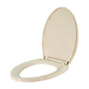 Bone-colored elongated plastic toilet seat with color-matched slow-close hinges displayed on a white background.