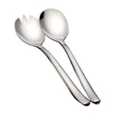 A 2-piece salad serving set consisting of one spoon and one spork/fork, both made of polished silver stainless steel with sleek, curved handles.