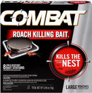 Combat Roach Killing Bait Station box containing 8 child-resistant bait stations for large roaches on a white background.