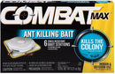 Combat Max Ant Killing Bait box, featuring a blue and black design, indicating "Ant Killing Bait," "6 Child-Resistant Bait Stations," and that it "Kills the Colony." Suitable for indoor and outdoor use.