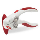 Red and white Zyliss Lock-n-Lift manual can opener with soft grip handles and magnetic lid lifter.