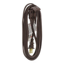 Bright-Way 15ft indoor extension cord, brown. Features a three-outlet design with a polarized plug. Suitable for indoor use only, supports 13A, 125V, and 1625W max. Packaging includes an image of a lamp on a table.