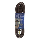Bright-Way 15ft indoor extension cord, brown. Features a three-outlet design with a polarized plug. Suitable for indoor use only, supports 13A, 125V, and 1625W max. Packaging includes an image of a lamp on a table.