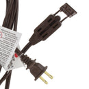 Bright-Way 15ft indoor extension cord, brown. Features a three-outlet design with a polarized plug. Suitable for indoor use only, supports 13A, 125V, and 1625W max. Packaging includes an image of a lamp on a table.