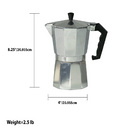 Grey 9-cup aluminum stovetop espresso maker with an octagonal body and black handle, shown on a white background.