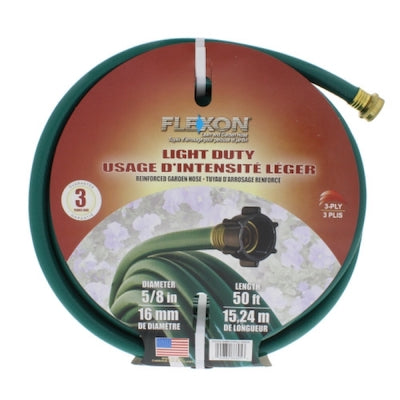  A coiled 5/8" x 50' green garden hose with brass couplings shown on a white background.