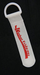 White Kosher Fridge-eez strap with red text and ring for refrigerator use on Sabbath