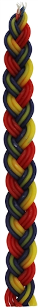 A long, braided Havdalah candle in a red display box, featuring intertwined strands of red, yellow, and blue wax. The bottom of the box indicates "Havdalah Candle."