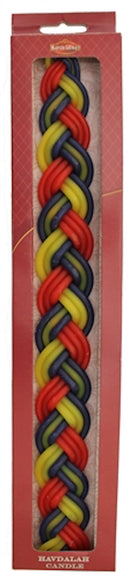 A long, braided Havdalah candle in a red display box, featuring intertwined strands of red, yellow, and blue wax. The bottom of the box indicates "Havdalah Candle."