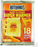 A sealed orange and yellow package for HotHands Body & Hand Super Warmer, showing a person holding a warm pad, with text indicating "Larger Size," "Super Lasts Longer," and "Up to 18 Hours of Heat."