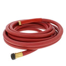 Coiled red hot water rubber hose with brass fittings.