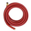 Coiled red hot water rubber hose with brass fittings.