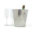 Silver hammered stainless steel champagne bucket with ring handles.