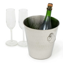 Silver hammered stainless steel champagne bucket with ring handles.
