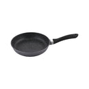 A black granite-coated non-stick frying pan with a speckled finish. It has gently sloped sides for easy flipping and stirring. The ergonomic black handle extends from the side, featuring a slight curve and a hole for hanging. The metal joint between the pan and handle provides durability. Ideal for various cooking surfaces.