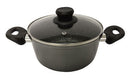 Durable gray cooking pot with non-stick interior, black handles and glass lid, on gray background