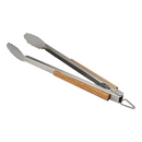 17-inch stainless steel tongs with silver gripping ends and smooth acacia wood handles, displayed on a white background.