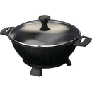 A multipurpose electric cooking pot with a non-stick surface, a glass lid, and side handles.
