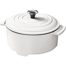 Heavy-duty cast iron pot with enamel coating, white finish and black knob, on white background