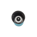 A manual coffee grinder with a clear top and bottom, featuring a vibrant turquoise blue body and a silver hand crank. The background is transparent.