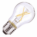 A clear glass LED light bulb in the classic A19 shape, showcasing its energy-efficient filament design and standard screw-in base.