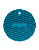 A round, Teal Cuisinart silicone trivet with honeycomb pattern and hanging hole.