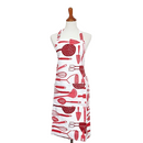 A white kitchen apron with a vibrant red print of various kitchen utensils, displayed on a mannequin. Utensils include whisks, spatulas, slotted spoons, and ladles.