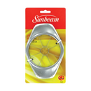 A Sunbeam brand apple slicer and corer in its red and yellow retail packaging, showing the silver-colored slicer with multiple blades and a central coring ring. The packaging mentions it's "dishwasher safe."