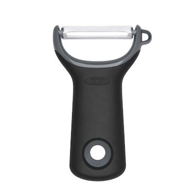 OXO Good Grips Prep Y-Peeler with a straight stainless steel blade and ergonomic silicone handle in black on a white background.