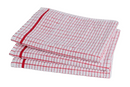 Set of three red checkered STAR Classic Kitchen Dish Towels neatly folded on a white surface.