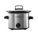 Compact silver Crock-Pot slow cooker with a black ceramic insert and lid, perfect for small meals, dips, or sauces.