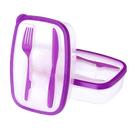 Purple and white plastic bento box with matching purple fork and knife, ideal for meal prep and on-the-go dining.