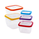 Set of ten clear plastic food storage containers with colorful airtight lids in orange, yellow, blue, purple, and red. Stackable and reusable, perfect for meal prep, leftovers, or pantry organization.