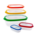 Set of clear plastic food storage containers with red, yellow, green, and blue lids.