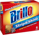 Box of Brillo Strip & Shine steel wool balls, advertising 6 soap-free pads for cleaning and polishing.