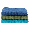 Stack of three absorbent microfiber cleaning towels in blue, olive green, and teal colors, featuring a ribbed texture.