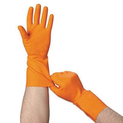 Flock-Lined Latex Cleaning Gloves, Medium, Orange, 12 Pairs