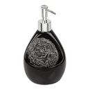 A black, pear-shaped kitchen soap dispenser with a chrome pump. A round, silver wire sponge is held in an open compartment on the front.