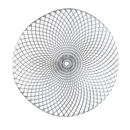 A round, silver-colored placemat with an intricate, spiral geometric design resembling a web or net, made of metallic material.