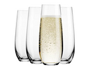 A set of four clear stemless champagne flutes from the Godinger Meridian collection displayed on a white background.