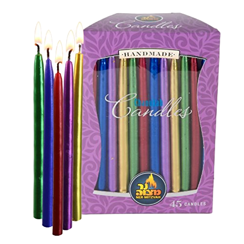 Dripless Chanukah Candles Standard Size - Metallic Multi Colored Hanukkah Candles Fits Most Menorahs - Premium Quality Wax - 45 Count for All 8 Nights